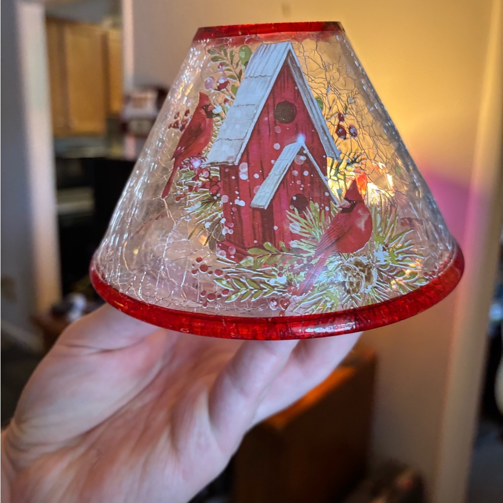 Frosted glass cardinal birdhouse candle topper